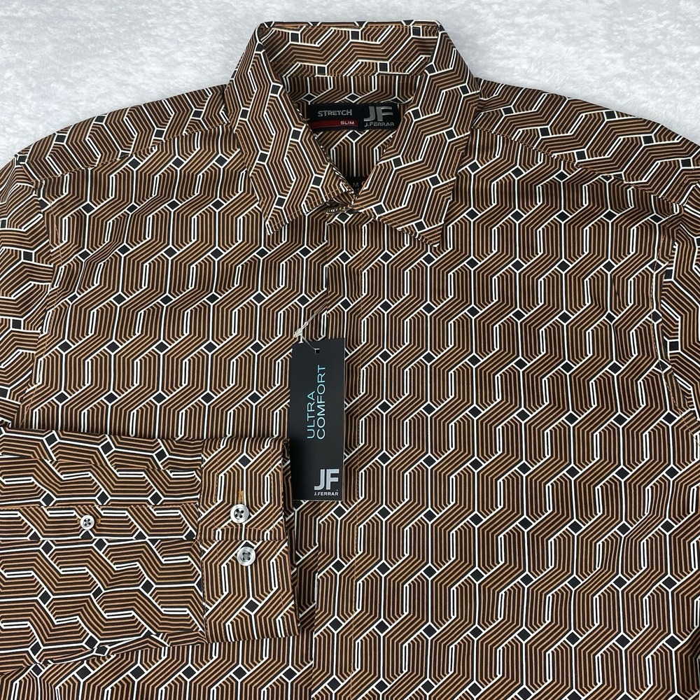 J FERRAR Dress‎ Shirt Mens Medium (15-15.5) Brown/Black Link Geometric Slim NWT!